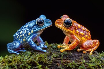 Fototapeta premium Two colorful frogs facing each other on a mossy log, one extending its front leg like offering a handshake, humorous and engaging composition
