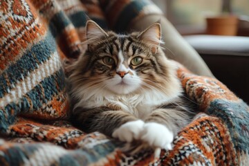 Adorable long-haired cat resting on a cozy, patterned blanket, enjoying a moment of tranquility and warmth