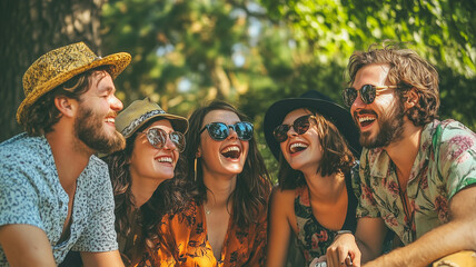 A group of friends laughing together in a sunny park with radiant grins, capturing pure joy in the moment