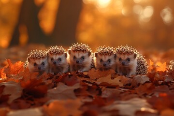 A litter of baby hedgehogs curled up together in autumn leaves, their tiny spines barely visible under the warm golden light

