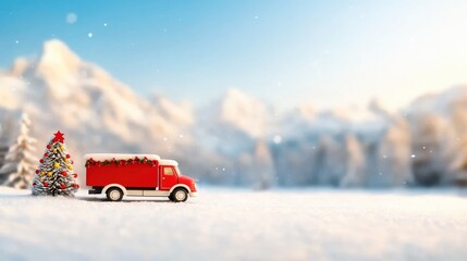 Festive truck delivers Christmas tree, snowy mountains