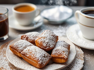 Homemade beignets covered in a sugar powder. Sweet pastry for breakfast.
