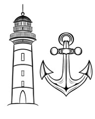 lighthouse and anchor line art design on white background, sea stickers template
