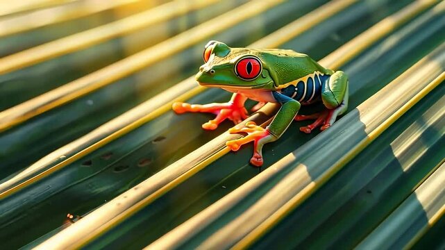 Red-eyed Amazon frog, on a palm leaf