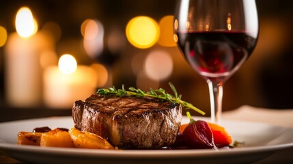 Delicious Grilled Steak with Red Wine and Colorful Vegetables