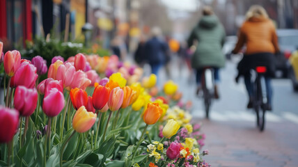 A vibrant street scene with colorful tulips and cyclists enjoying the bright spring atmosphere