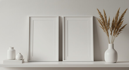 Contemporary picture frames on a minimalist shelf with decorative vases and dried plants