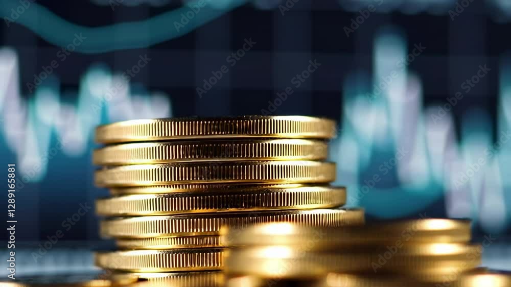 Poster gold coins gradually stacking up in front of dynamic financial graphs, symbolizing incremental wealt