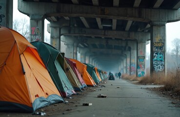 Tents row on city street under bridge. Urban homelessness issue, social inequality. Shelter for poor unemployed people, sorrowful life in encampment. Human rights problem. Epidemic displacement in
