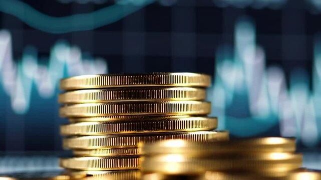 Gold coins gradually stacking up in front of dynamic financial graphs, symbolizing incremental wealth expansion and evolving market dynamics through cinematic slow motion perspective