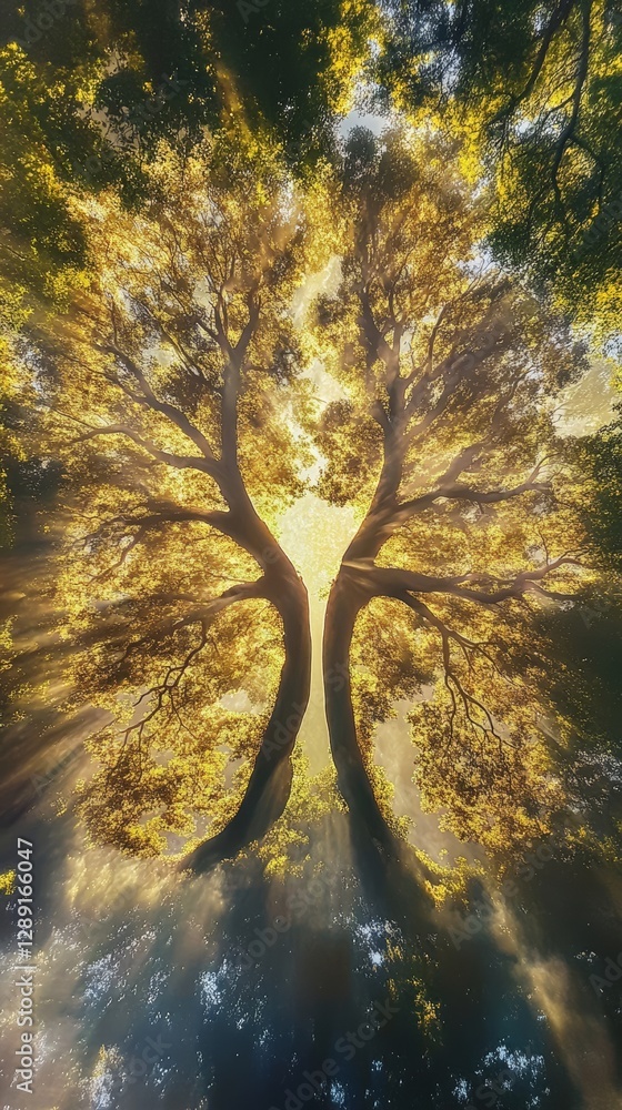 Poster symmetrical sunlight streaming through twin trees creating luminous canopy. nature's beauty and bala