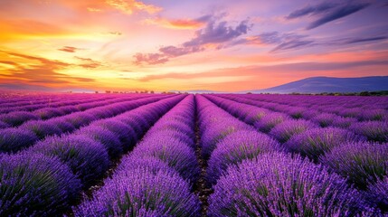 Obraz premium Lavender fields at sunset with vibrant purple hues and dramatic sky. Summer in Provence, France, breathtaking natural beauty. Scenic landscape and tranquility concept