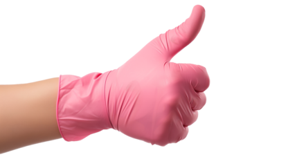 Thumb up hand in a pink latex glove isolated on white and transparent background, cut out png