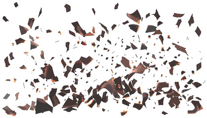 Charred burned paper scraps, flying pieces top view, isolated on white background, burnt torn paper, fire damage, burnt edges, blackened ashes, scorched remains