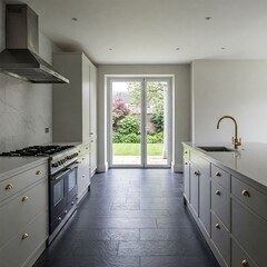 Elegant Home Kitchen Interior – Golden Tap and Stove with Minimalist Design – Empty Space for Customization – 3D Rendering