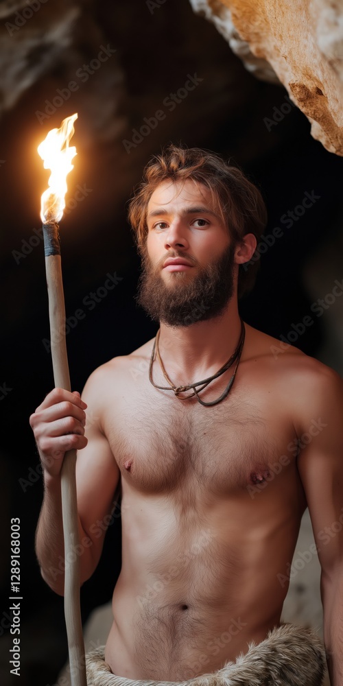 Poster a man with a beard and a stick holding a torch. the man is bare-chested and has a beard
