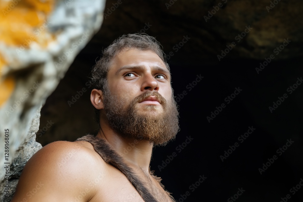 Poster a man with a beard and a beard is standing in a cave. he is looking up at something