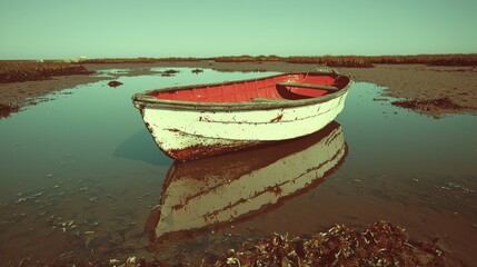 Red rowboat stranded on tidal flat, calm day, seaside landscape, perfect for travel brochure