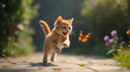 a ginger kitten happily hops in a flowering garden after a butterfly