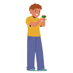 Cute boy child cartoon character holding green grasshopper in hands standing isolated on white