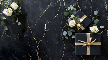 Elegant dark navy gift boxes with gold ribbons, set against a black marble background with subtle gold veining. Perfect for a luxurious wedding, birthday, or Mother's Day greeting card template. 