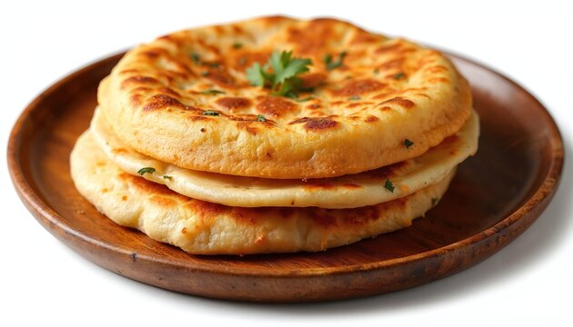 Amritsari kulcha flatbread on wooden plate isolated on white background. Indian cuisine baked naan bread with coriander. Fresh spicy vegetarian masala with onion and organic ingredients.