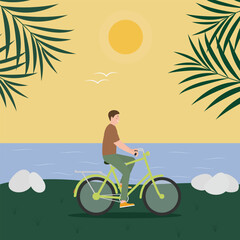 Hello summer card, banner in trendy bright colors with tropical leaves, sea, sun, bike