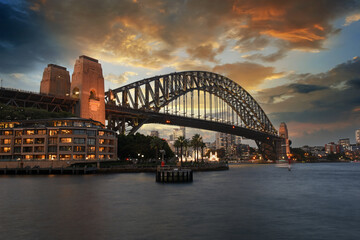 view to the Sydney Harbour Bridge in Darling Harbour while sunset, Sydney, New South Wales, Australia
