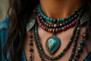 Close-up of layered turquoise necklaces on woman's neck, ethnic jewelry design
