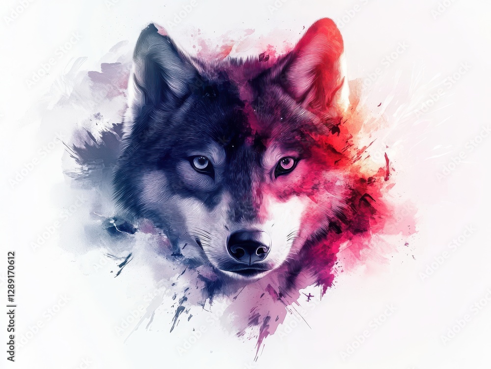 Poster artistic depiction of a wolf with vibrant colors and intricate brush strokes, blending realism with 