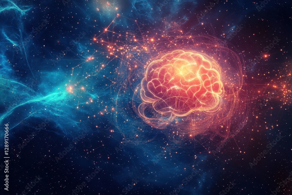 Poster visualization of a human brain illuminated in a cosmic setting conveying creativity and intelligence