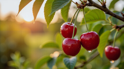 Obraz premium Ripe cherries glistening in morning light on cherry tree branch, freshness