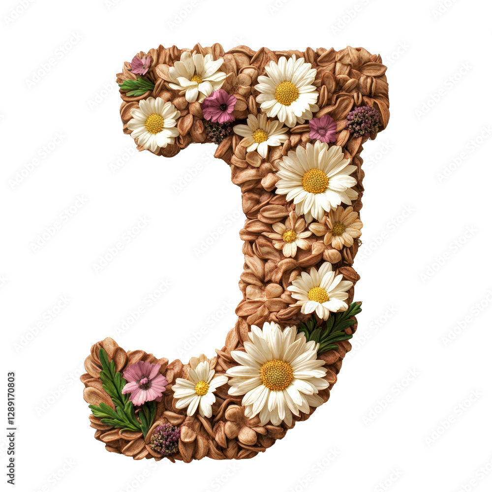 Poster number created from colorful flowers and green leaves arranged in a decorative style isolated on tra