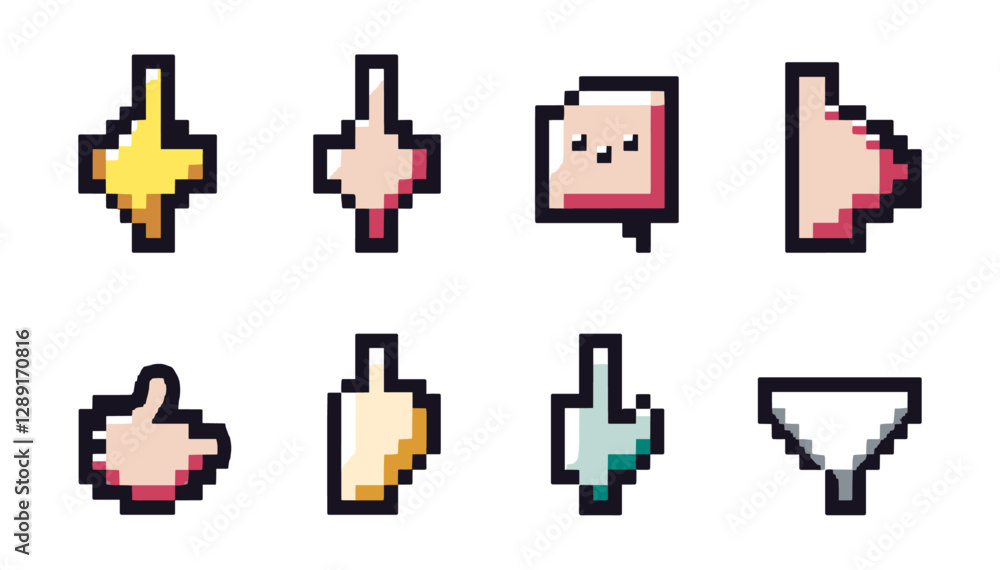 Poster classic retro pixel computer cursor icons, vector arrow pointer, old school pixelated hand, vintage 