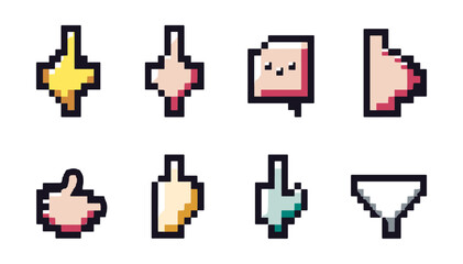 Fototapeta premium Classic retro pixel computer cursor icons, vector arrow pointer, old school pixelated hand, vintage pixel mouse click symbols, 8-bit UI cursors, nostalgic pixel graphics,