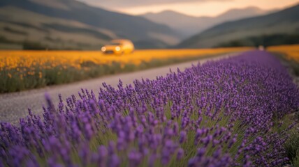 Fototapeta premium Vibrant purple lavender flowers line a rural road, with a blurred yellow car and sunlit mountains in the background. Warm sunset light bathes the