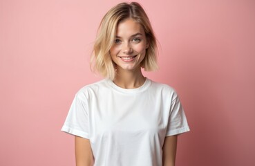 Fototapeta premium Charming young blond woman with bob haircut on flat pink background. Pretty girl in simple white t-shirt smiles. Beauty, fashion and vogue content. Copy space.