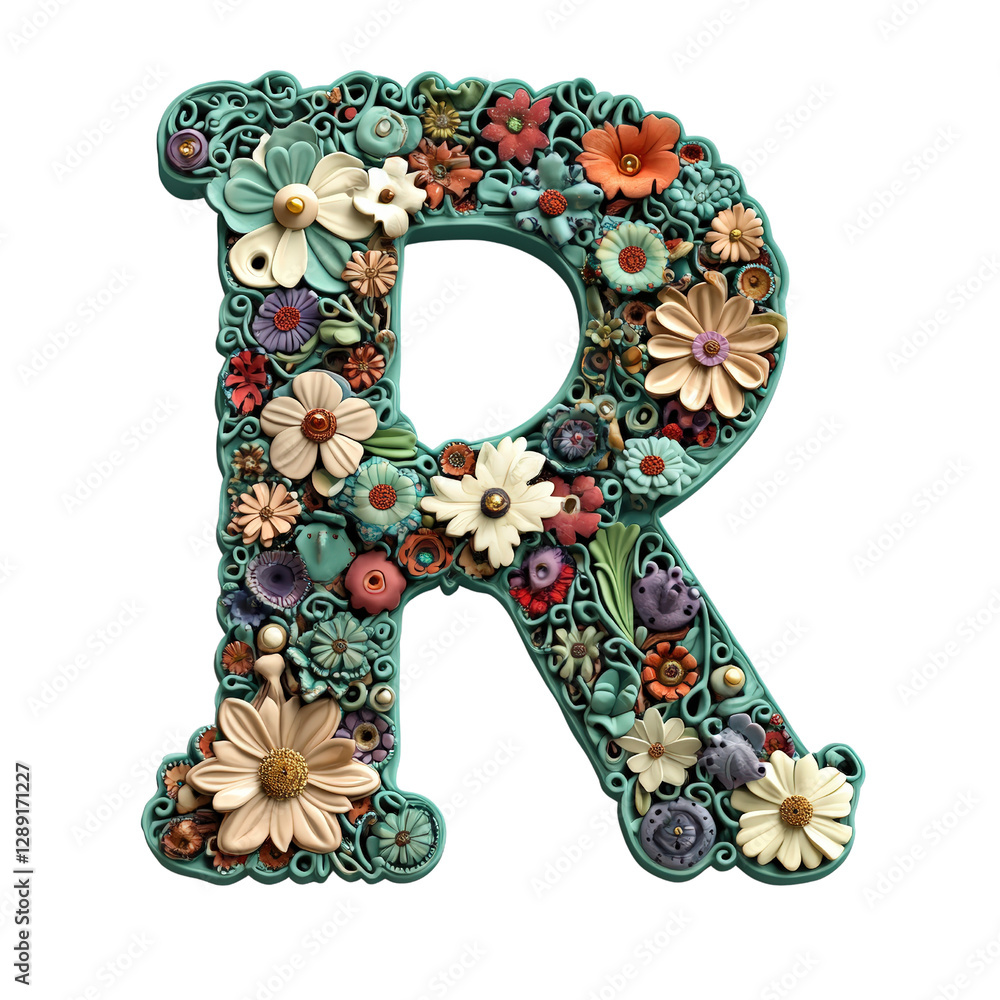 Poster letter r decorated with colorful flowers and leaves on a textured background isolated on transparent