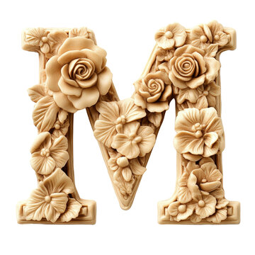 Wooden letter m decorated with flowers and leaves on a rustic background isolated on transparent background..