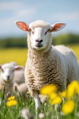 Fototapeta premium Sheep in flower grass field in Spring.