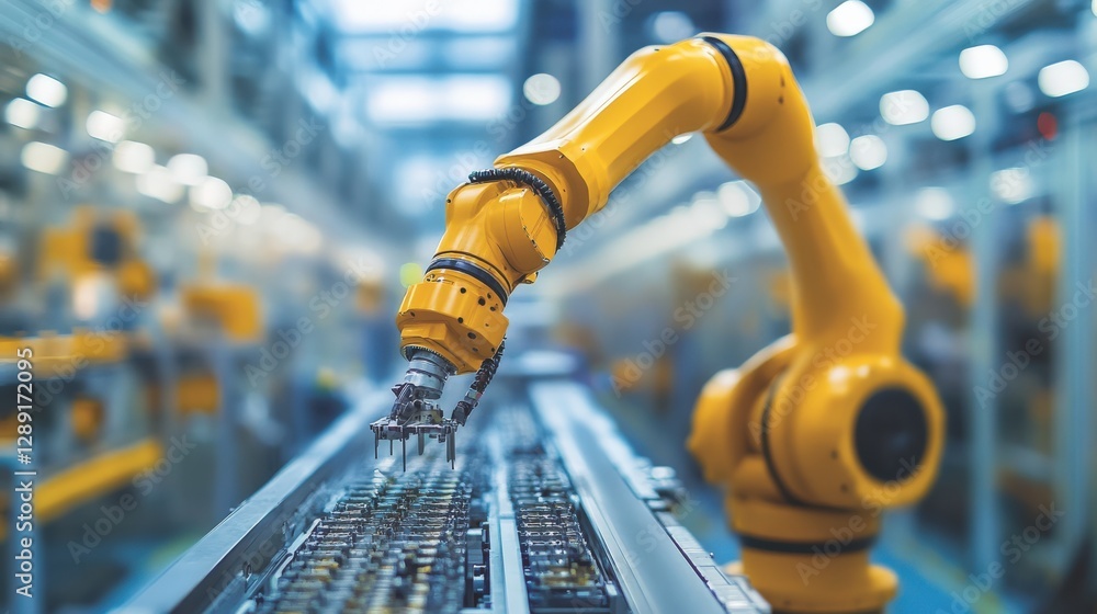 Poster there are robotic arms working on the assembly line in modern workshops
