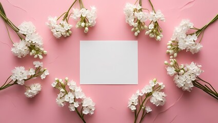 Obraz premium The white postcard is located in the center on a pink textured background and is surrounded by clusters of small white flowers arranged in a circle.