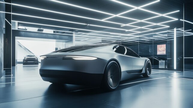 A car showroom showcasing a high-tech electric sports sedan. Featuring innovation and sustainability