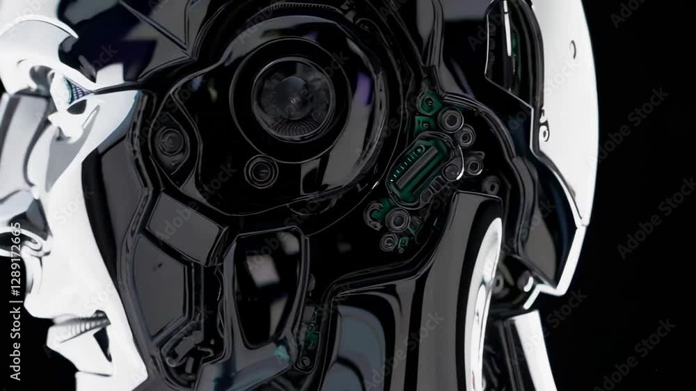 Poster chrome android head revealing intricate internal components, circuits, and mechanisms, rotating slow