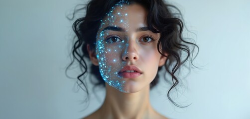 Close-up portrait of young woman with glowing blue particles overlay on her face. Digital skin, futuristic tech beauty concept. AI-generated girl face with digital enhancement, virtual reality.