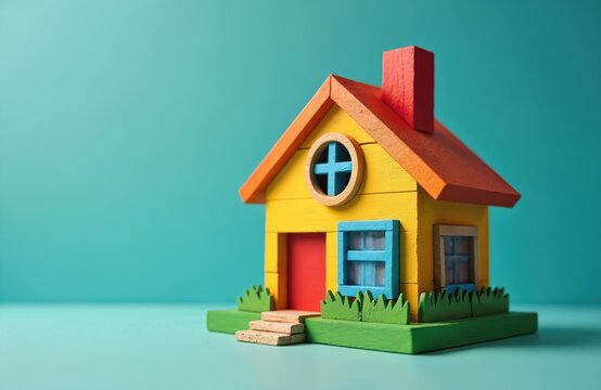 Colorful handcrafted wooden house model with energy efficiency principles. Creative sustainable design showcase with focus on building blocks, home improvement. Imagination, domesticity, housing
