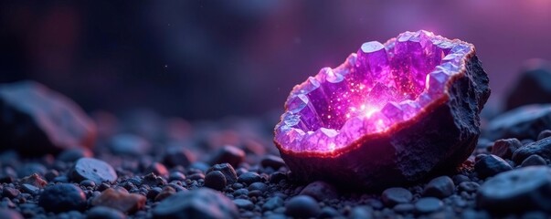 Obraz premium Geode amethyst crystal formation glowing softly in the light, rock formations, sparkling
