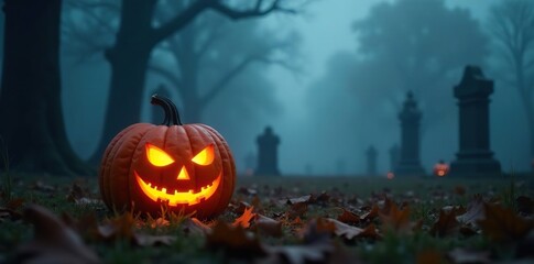 Fototapeta premium Low-angle shot of a glowing pumpkin in a foggy graveyard, Halloween, misty landscape