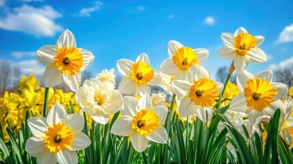 Fototapeta premium Beautiful spring day with blooming daffodils in a vibrant garden under a clear blue sky