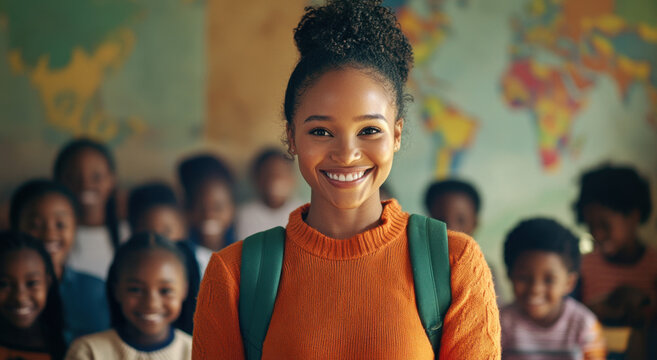 Smiling South African female teacher stands confidently among her enthusiastic students, promoting a positive learning environment